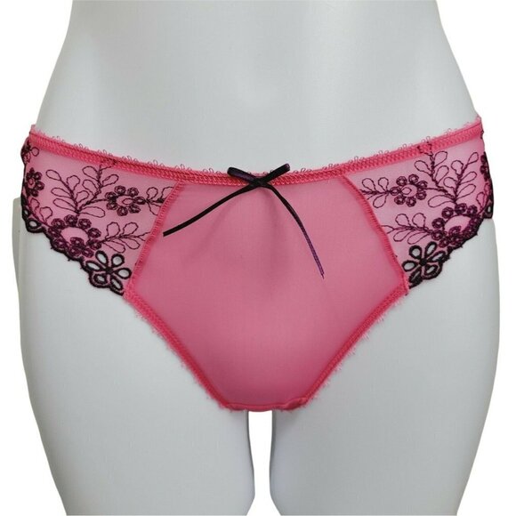 Fantasie Lingerie Ella Pink Thong Panty Satin & Mesh Floral Bow Small Sexy NWT - Picture 1 of 8